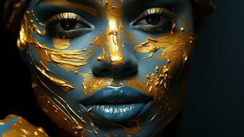 Nahansicht Porträt von ein schön Frau mit Gold und kreativ bilden. foto