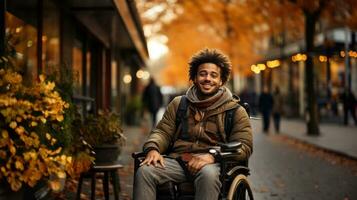 jung schwarz Mann im ein Rollstuhl auf ein Stadt Straße mit Herbst Blätter im das Hintergrund. foto