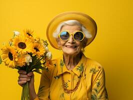 lächelnd Senior Frau im Gelb Hut und Sonnenbrille posiert mit Sonnenblume auf farbig Hintergrund foto