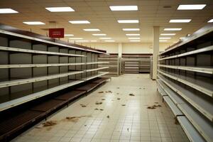 Innere von ein Einkaufen Einkaufszentrum mit Regale und Regale im ein Reihe, Essen Mangel im ein generisch Supermarkt. leeren Regale, ai generiert foto