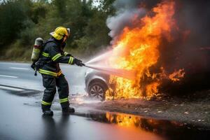 Feuerwehrmann Löschen ein Auto Unfall auf das Straße im das Landschaft, Feuerwehrmann mit Wasser und Feuerlöscher zu Kampf mit Feuer Flamme im Unfall Auto auf das streckenseitig Straße, ai generiert foto