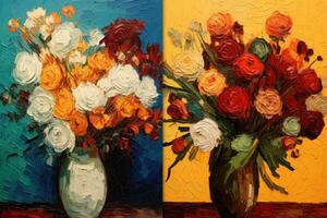 Original Öl Gemälde von Strauß von Blumen im Vase auf bunt Hintergrund, Blume Kunstwerk im van Goghs Stil, ai generiert foto