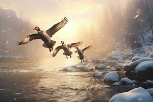 zwei Gänse fliegend Über ein gefroren Fluss beim Sonnenuntergang. 3d Wiedergabe, Herde von wild Enten fliegend Über gefroren Fluss. Tierwelt im Winter Jahreszeit, ai generiert foto