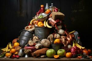 Komposition mit verschiedene organisch Früchte und Gemüse auf hölzern Tabelle Über dunkel Hintergrund, Essen Abfall, ai generiert foto