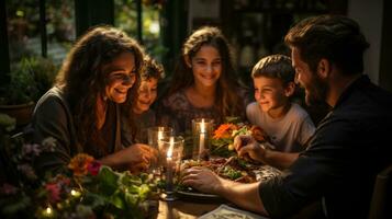 glücklich Familie haben ein Abendessen zusammen im das Garten beim heim. foto