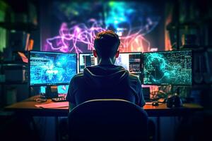 zurück Foto von Hacker im Vorderseite von seine Computer, Kodierung, Cyberkriminalität ai generativ