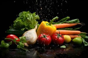 frisch Gemüse auf ein schwarz Hintergrund mit Wasser Tropfen. gesund Essen, frisch Gemüse auf ein schwarz Hintergrund mit Tropfen von Wasser, ai generiert foto