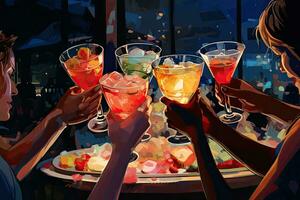 Cocktails im Brille auf das Tabelle im ein Bar. Vektor Illustration, freunde Toasten mit Cocktails im das Bar, Nein Gesicht, ai generiert foto