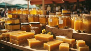 Honig und Bienenwachs Produkte beim ein beschwingt Bauern Markt.. ai generiert foto