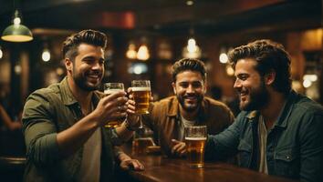 glücklich männlich freunde Trinken Bier beim Bar oder Kneipe. ai generiert foto