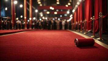 rot Teppich rollen aus im Vorderseite von glamourös Film Premiere Hintergrund. ai generiert foto