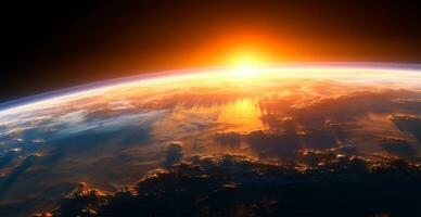 Panorama- Aussicht von das Globus von Planet Erde von Raum. glühend hell Sonne - - ai generiert Bild foto