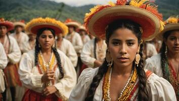 nicaraguanisch Folklore Tänzer lächelnd und suchen beim das Kamera draußen das Kathedrale Kirche im das zentral Park von das Stadt von Leon. das Frau trägt das typisch Kleid von zentral Amerika. ai generiert foto