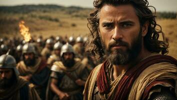 biblisch König David im das Schlachtfeld. ai generiert foto