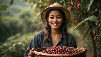 glücklich Frau akha Hügel nach Ernte Arabica Kaffee Beeren im Korb Holz beim Garten.. ai generiert foto