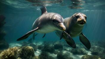 Delfin und Meer Löwe unter Wasser schließen hoch. ai generiert foto