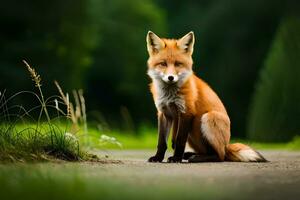 ein rot Fuchs Sitzung auf das Straße im Vorderseite von ein Grün Feld. KI-generiert foto