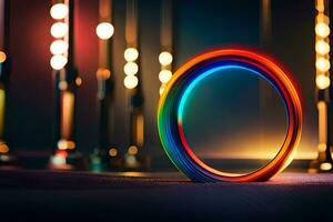 ein bunt Ring ist Sitzung im Vorderseite von ein Licht. KI-generiert foto