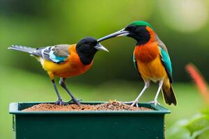 zwei bunt Vögel sind Stehen auf ein Vogel Zubringer. KI-generiert foto