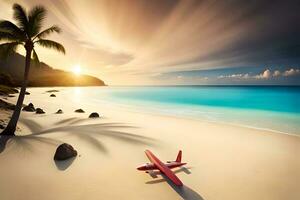 ein rot Flugzeug auf ein Strand mit Palme Bäume. KI-generiert foto