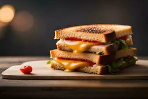 gegrillt Käse Sandwich mit Tomate und Käse auf ein hölzern Schneiden Tafel. KI-generiert foto