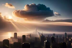 ein Stadt mit Wolken und Sonne leuchtenden Über Es. KI-generiert foto