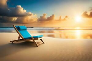 ein Strand Stuhl sitzt auf das Sand beim Sonnenuntergang. KI-generiert foto