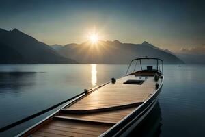 ein Boot ist angedockt beim das Ufer von ein See beim Sonnenuntergang. KI-generiert foto