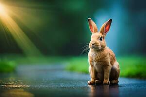 ein Hase Sitzung auf das Boden im Vorderseite von ein Grün Feld. KI-generiert foto