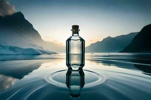 ein Flasche von Alkohol Sitzung auf das Wasser mit Berge im das Hintergrund. KI-generiert foto