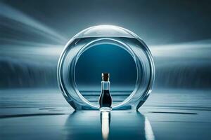 ein Flasche von Parfüm sitzt Innerhalb ein Glas Kugel. KI-generiert foto