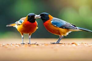 zwei bunt Vögel Stehen auf das Boden. KI-generiert foto