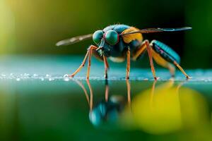 ein Biene mit Blau Augen und Grün Flügel Sitzung auf ein Wasser Oberfläche. KI-generiert foto