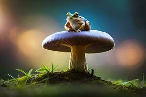 ein Frosch sitzt auf oben von ein Pilz im das Wald. KI-generiert foto