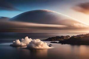 ein Außerirdischer Landschaft mit Wolken und ein groß Kuppel. KI-generiert foto