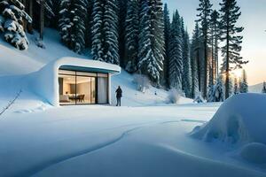 ein Mann steht draußen ein Kabine im das Schnee. KI-generiert foto