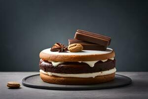 ein Schokolade Kuchen mit Nüsse und Schokolade auf oben. KI-generiert foto