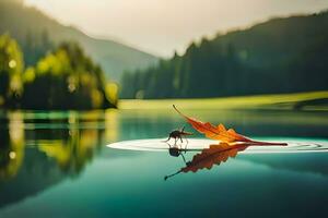 ein Blatt schwebend auf ein See mit ein Berg im das Hintergrund. KI-generiert foto