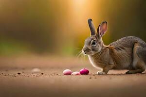 ein Hase ist Stehen im Vorderseite von etwas Eier. KI-generiert foto