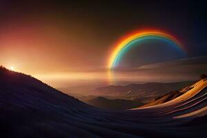 ein Regenbogen ist gesehen Über ein Berg Bereich. KI-generiert foto