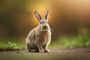 ein Hase Sitzung auf das Boden im Vorderseite von ein Grün Hintergrund. KI-generiert foto