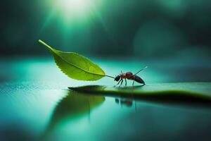 ein klein Insekt auf ein Blatt mit ein Grün Blatt. KI-generiert foto