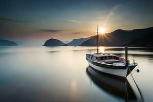 ein Boot sitzt auf das Wasser beim Sonnenuntergang. KI-generiert foto