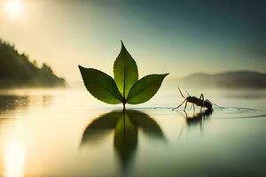 ein Blatt und ein Ameise sind Stehen im Wasser. KI-generiert foto