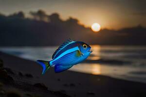 ein Blau und Gelb Fisch ist auf das Strand beim Sonnenuntergang. KI-generiert foto