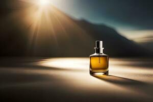 ein Flasche von Parfüm Sitzung auf ein Tabelle im Vorderseite von ein Berg. KI-generiert foto