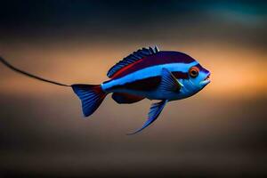 ein Fisch mit ein Rot, Blau und Weiß Streifen. KI-generiert foto