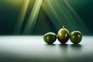 drei Grün Oliven auf ein Tabelle mit ein hell Licht. KI-generiert foto