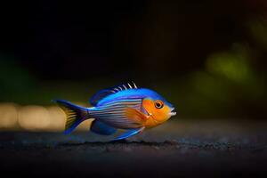 ein klein Blau und Orange Fisch ist Stehen auf das Boden. KI-generiert foto