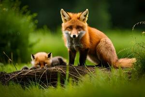 ein Fuchs und ihr Jungen sind Sitzung auf ein Protokoll. KI-generiert foto